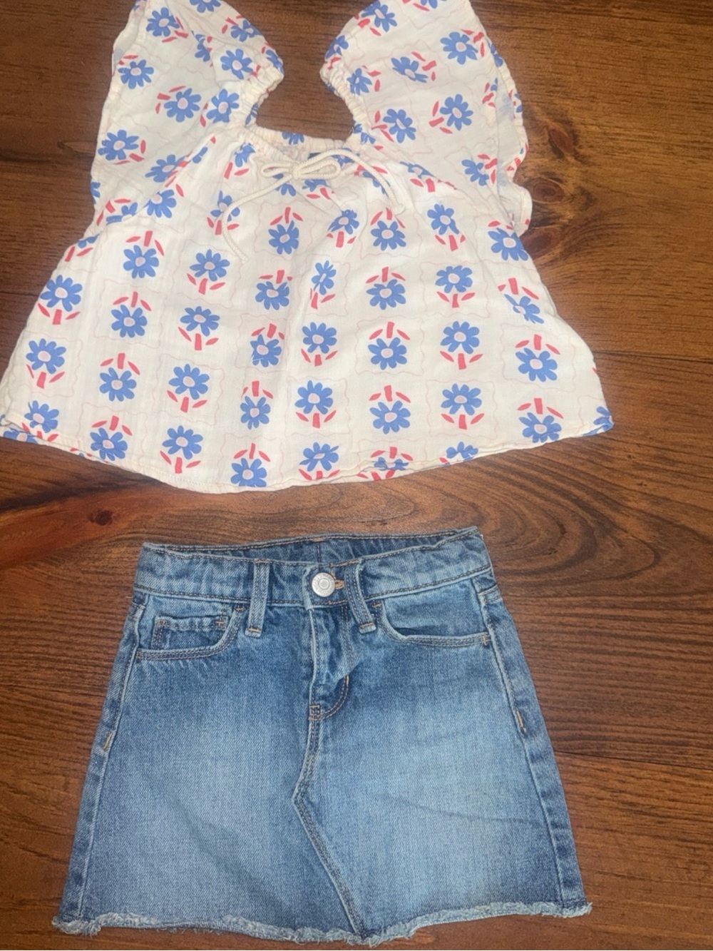 Old Navy Cream Floral Blouse w/ Blue and Pink Flowers w/ jean skirt